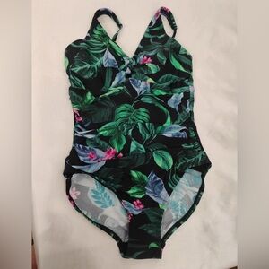 Tropical Leaf Print One-Piece Swimsuit - Black with Green Leaves & Pink Accents